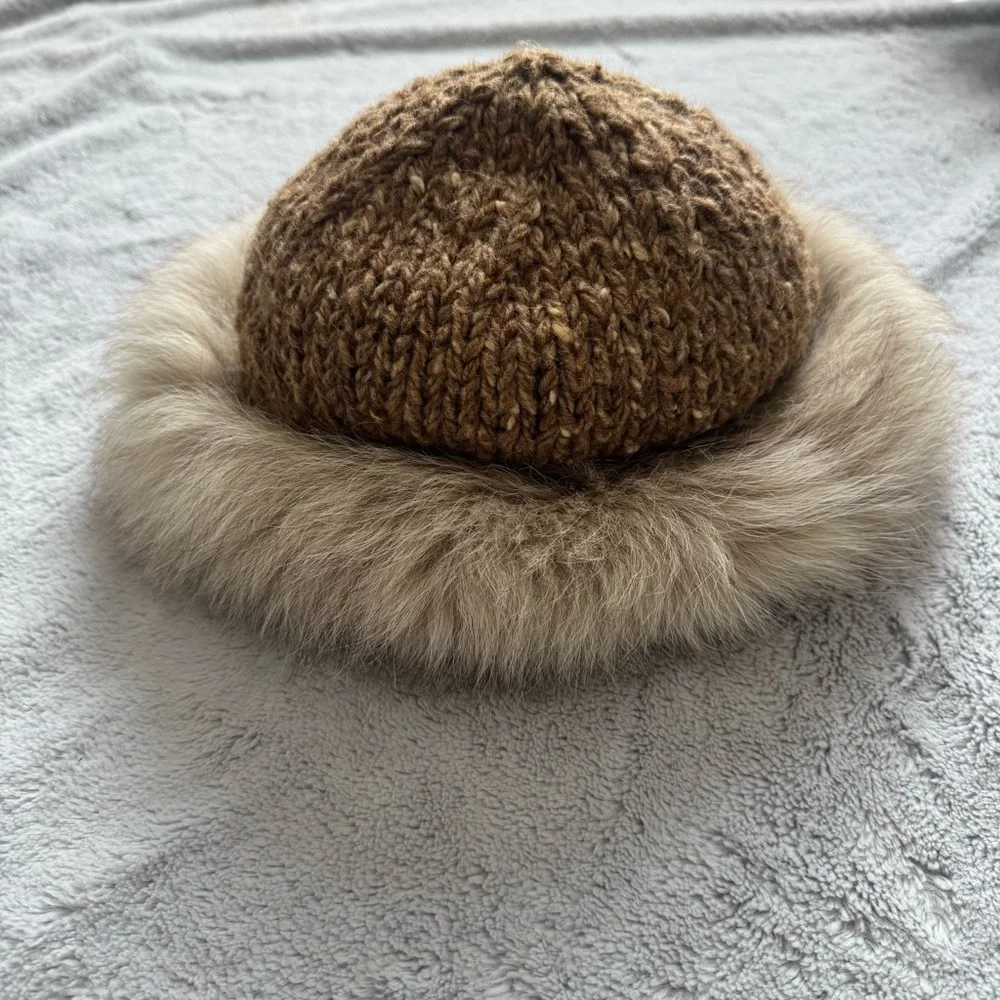 Vintage Lillie Rubin Knit Hat with‎ Fox Fur – Chunky Tweed Wool Crown Size S/M